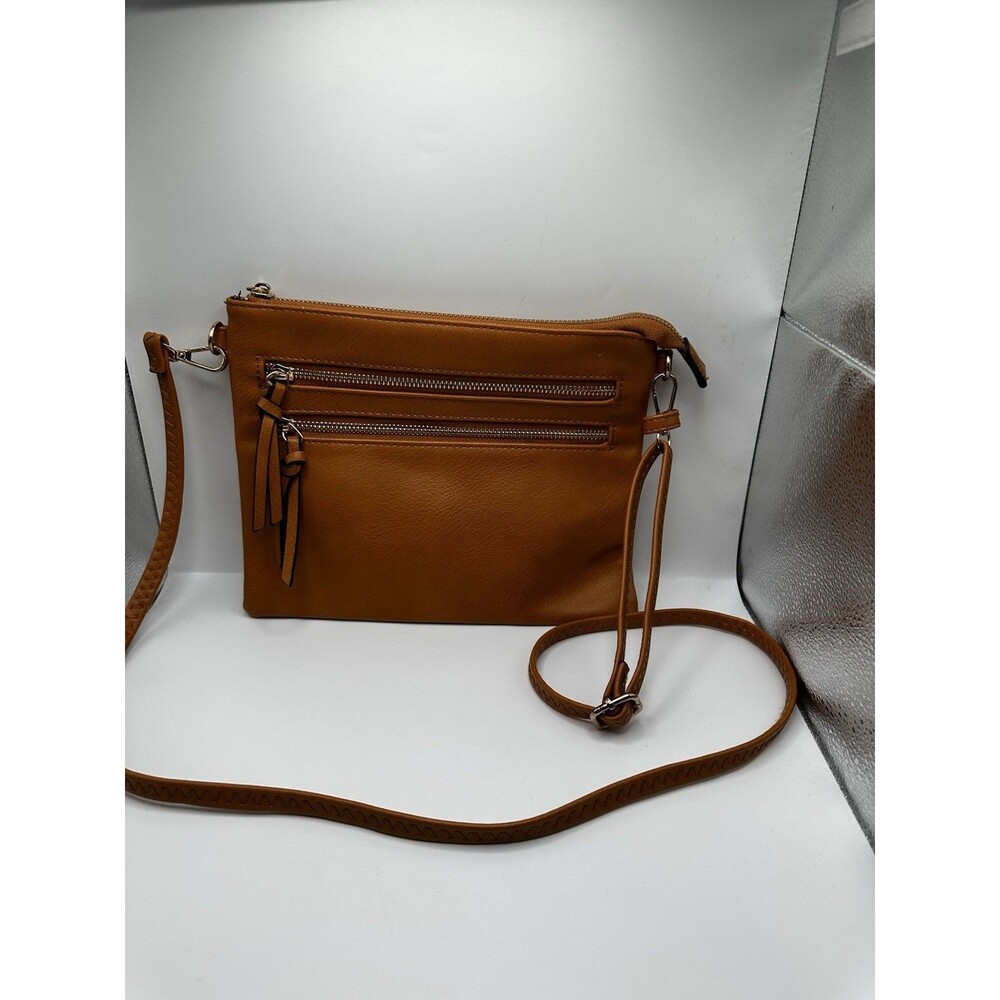 Cognac Brown Faux Leather Crossbody Bag Leopard Lining Multi Zip Pockets